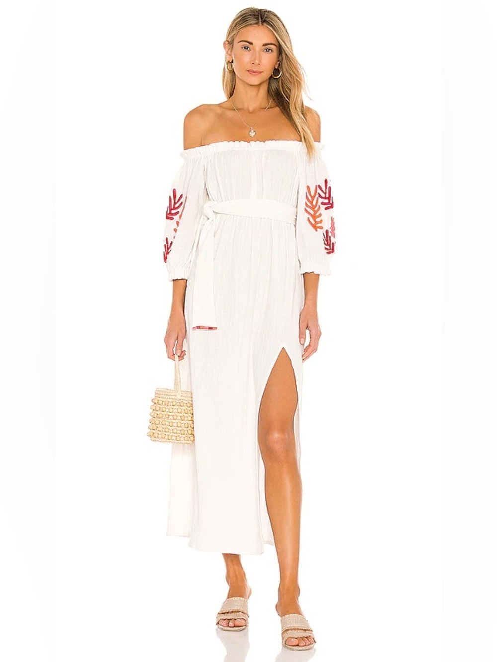 NWT Revolve Sundress Off Shoulder Maxi Poly Dress Tulum White Red Embroider XS/S